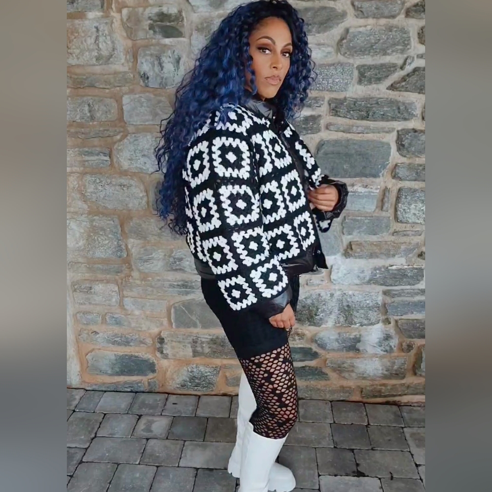 Miz Puffer Crochet: Detachable Contrast Knit Cardigan Vinyl Winter Coat L XL - Picture 14 of 17